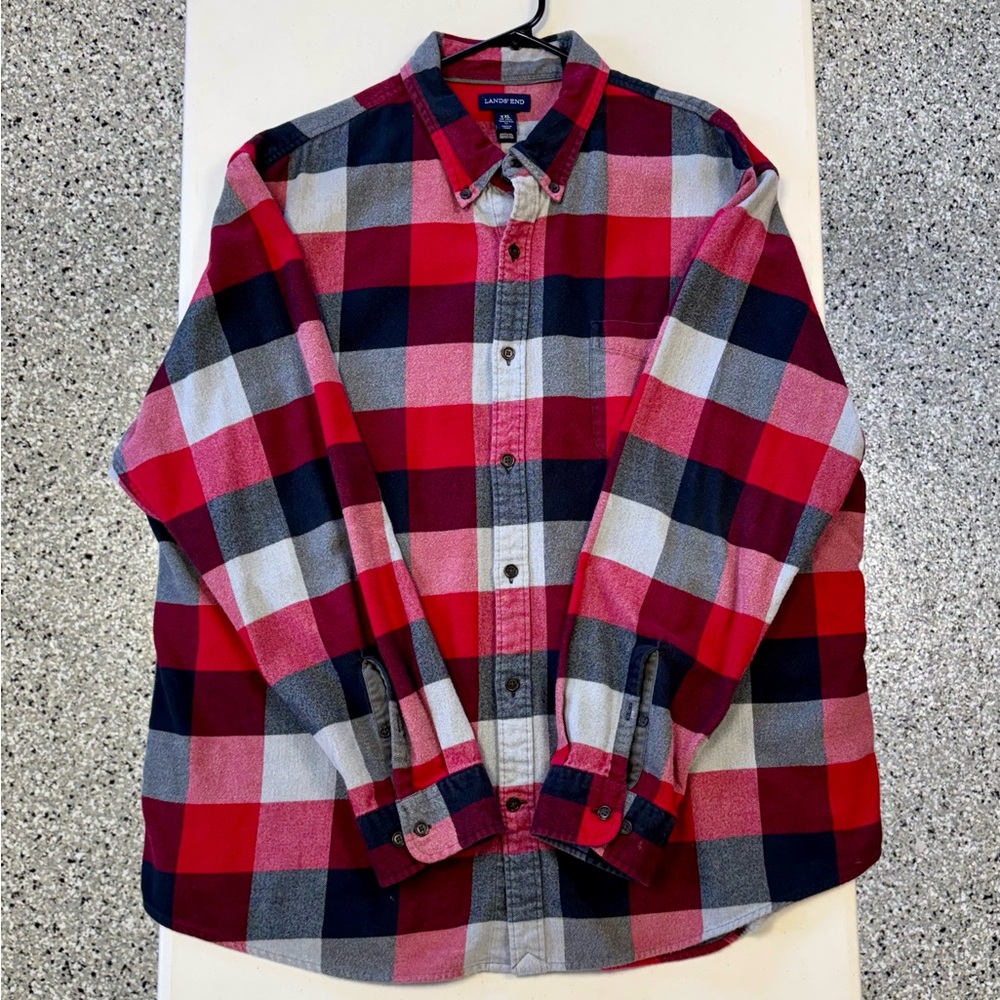 Lands' End Men's Red and Blue Plaid FLANNEL Shirt
